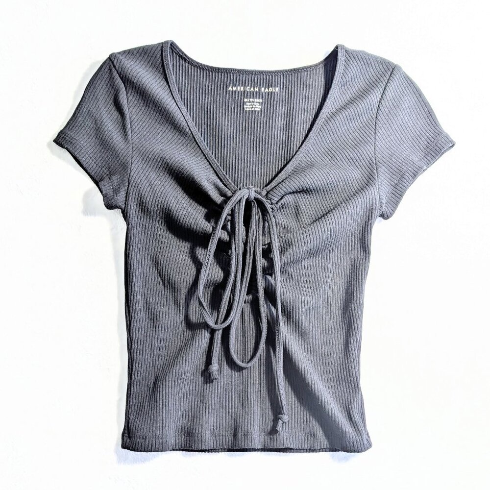 AE Keyhole Tie-Front Crop Top Tee, Black, XS